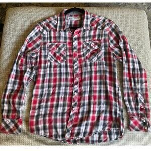 BKE Red Plaid Western Shirt | Pearl Snap | Men’s Medium | Casual Button Front